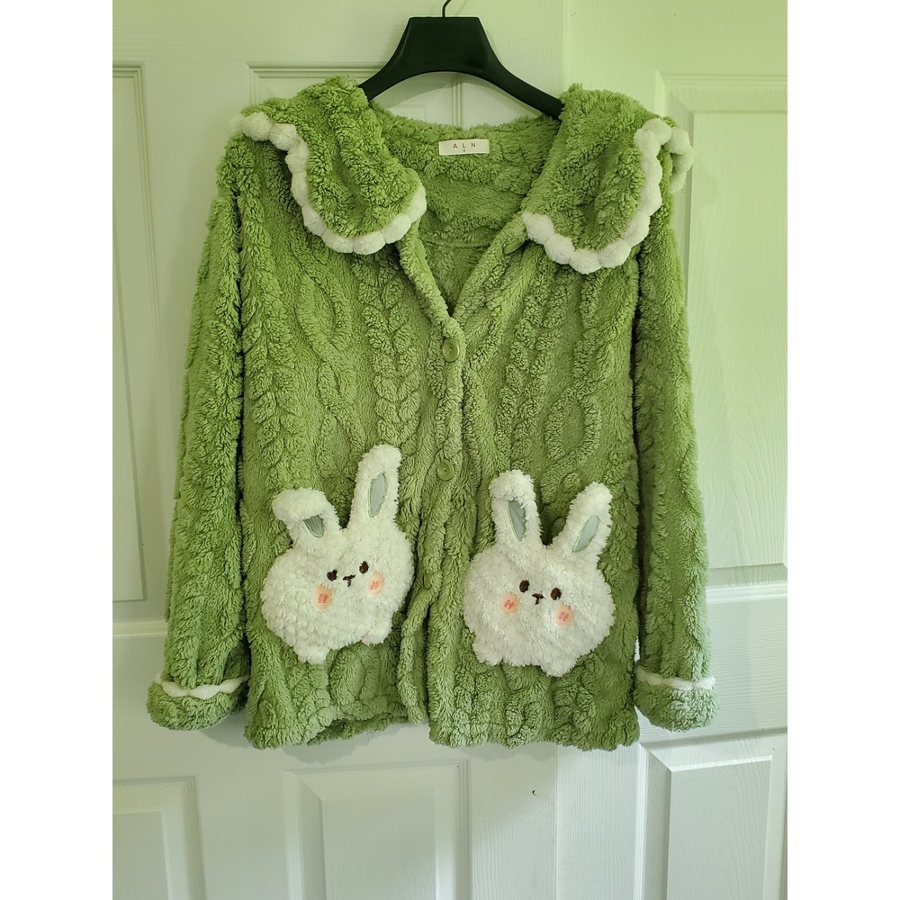 ALN Green Fuzzy Fleece Bunny Cardigan Peter Pan Collar Pom Pom Trim Size 4